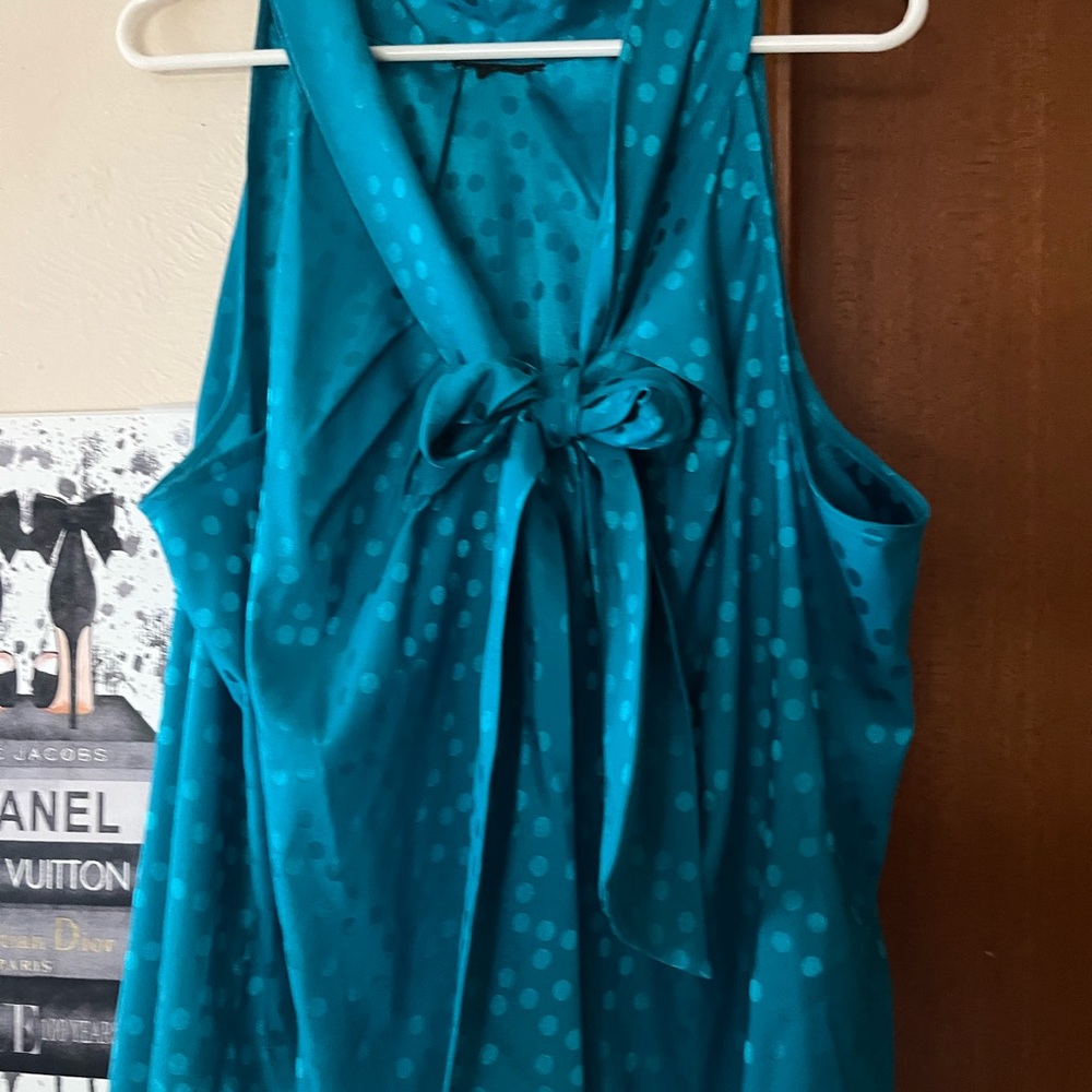 Teal Polka Dot Tie-Neck Sleeveless Blouse with Bow